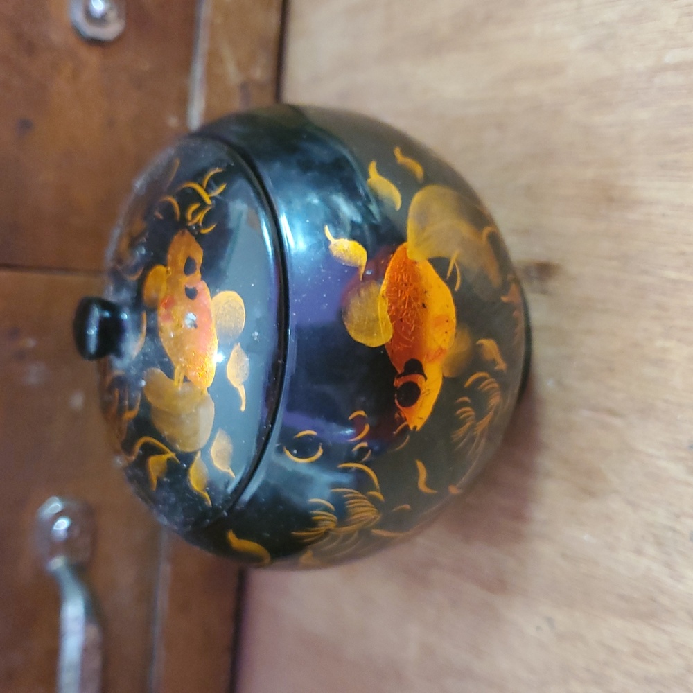 Black Lacquer Ware Wood Hand Painted Koi Fish Round Trinket/Jewelry Lidded Box